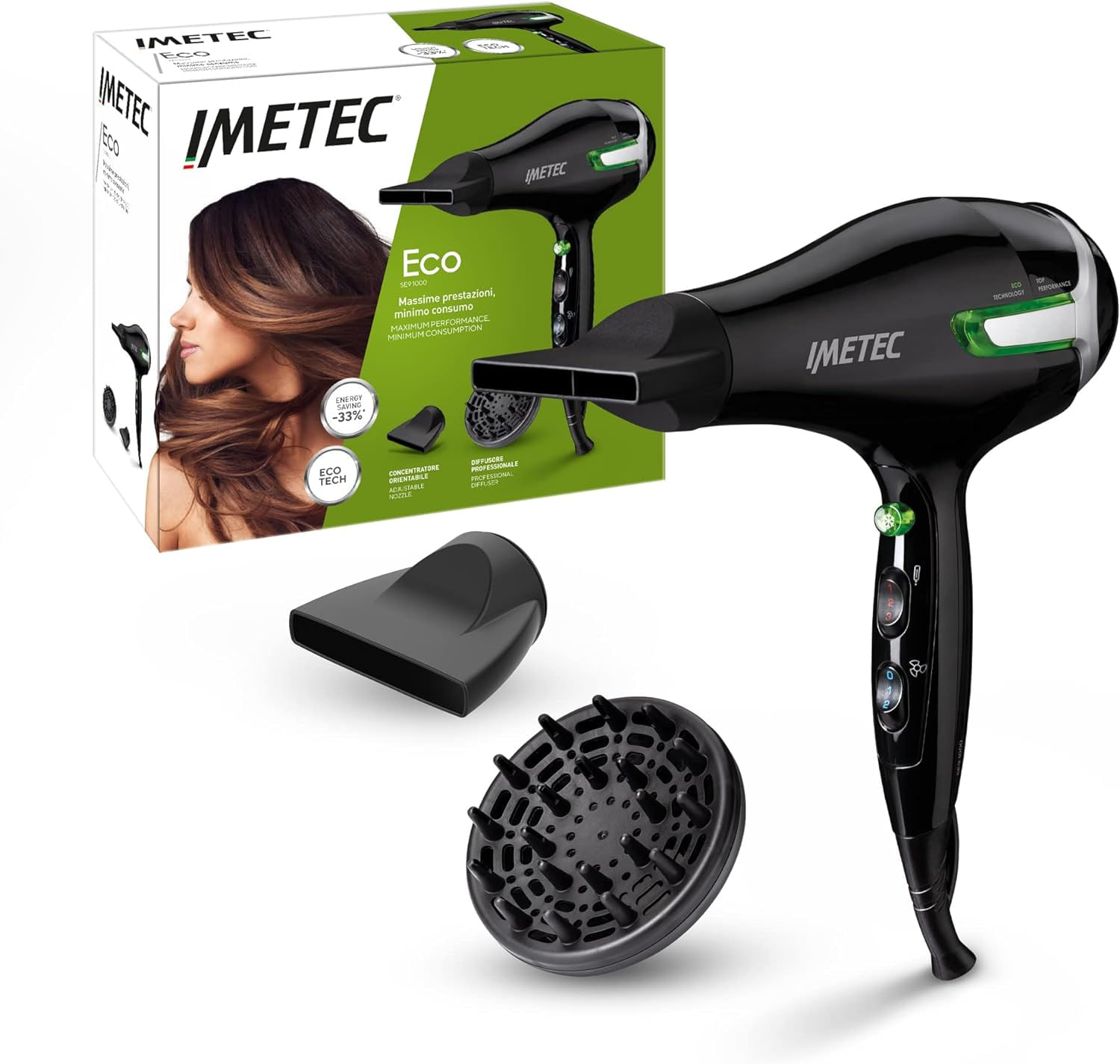 Imetec ECO SE9 1000 Asciugacapelli con Tecnologia Eco Technology 1400 W, Consumo Energetico Ridotto, 8 Combinazioni Aria/Temperatura, Diffusore per Ca