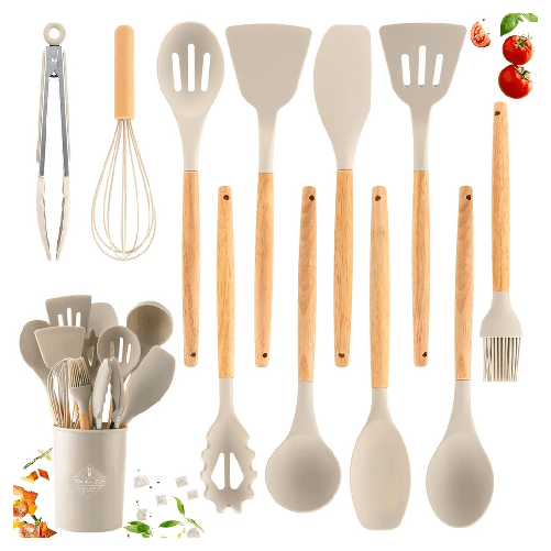 Trade Shop Traesio-set 12 Attrezzi Cucina In Silicone Antiaderente Con Porta Utensili Manico In Legno -