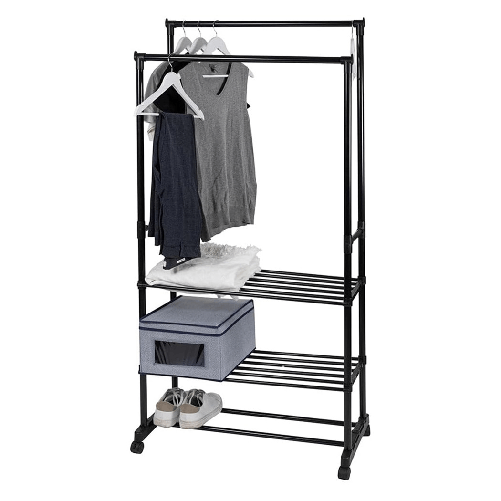 Trade Shop Traesio-appendiabiti Multistand Armadio In Metallo Altezza Regolabile 2 Aste 4 Ruote 3 Ripiani -