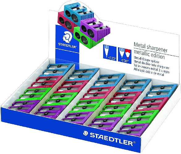 Espositore Staedtler di 20 lattine di metallo con lama metallica - angolo di affiliazione di 23 ° e 30o - 2 fori - Color