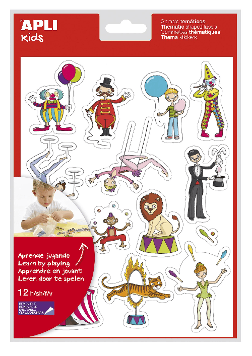 Sacchetto apli di gomet tematici Il circo - 168 gomets in 12 fogli - adesivo rimovibile - ideale per le scuole - adesivo