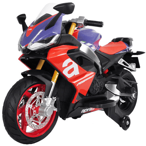 Pidema:Moto elettrica per bambini Aprilia RS666 viola con batteria 12 Volt, luci e musica. Motocicletta per bambino con ruote ausiliari antiscivolo.