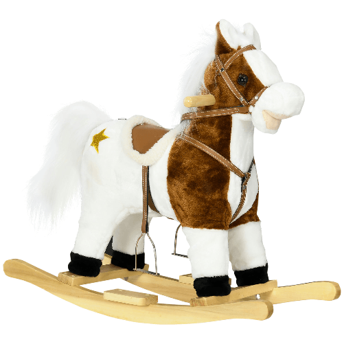 HOMCOM Cavallino a Dondolo per Bambini da 3-6 Anni in Peluche con Suoni, 68x26x62cm, Marrone