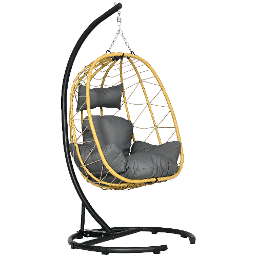 Outsunny Poltrona Sospesa e Pieghevole con Cuscini, in Acciaio e Rattan PE, 102x102x195 cm, Nera Grigia e Beige