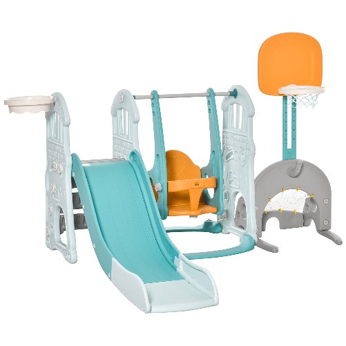 HOMCOM Scivolo per Bambini 4 anni max con Altalena, Canestro, Porta e Anelli, in HDPE e PP, 210x186x133 cm