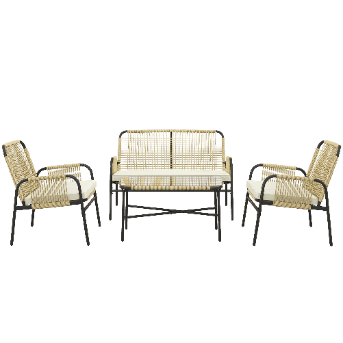 Outsunny Salotto da Giardino in Rattan PE con Divanetto e 2 Poltrone con Cuscini, Tavolino in Vetro, Giallo