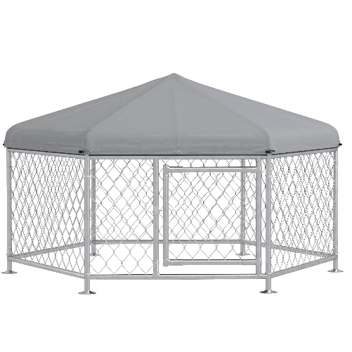 PawHut Recinto per Cani Taglia Media con Tetto in Tessuto Oxford Anti UV, 2.1x1.85x1.2m, Argento e Grigio