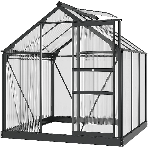 Outsunny Serra in Policarbonato e Alluminio con Porta Scorrevole, Presa d'Aria e Grondaia, 1.9x1.9x2m, Grigio