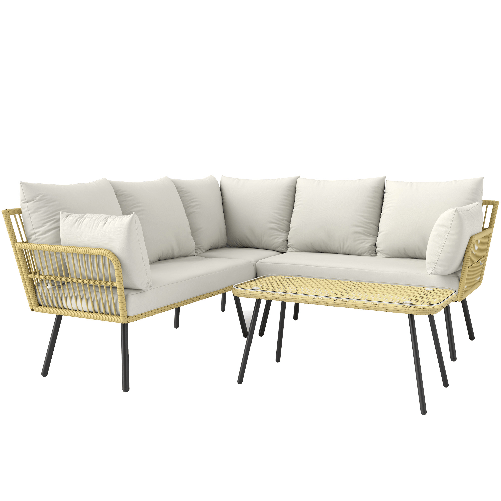 Outsunny Set da Giardino 4 Pezzi in Rattan PE con Tavolino da Esterni 90x45x42 cm e 2 Divanetti per Esterni 6ex63x74 cm, Bianco Crema