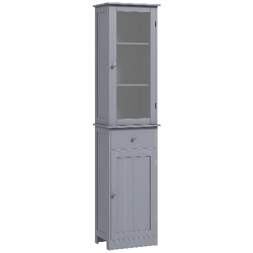 kleankin Mobile Colonna Bagno Salvaspazio con Armadietto, Cassetto e Ripiani in MDF, 40x27x171.5cm, Grigio