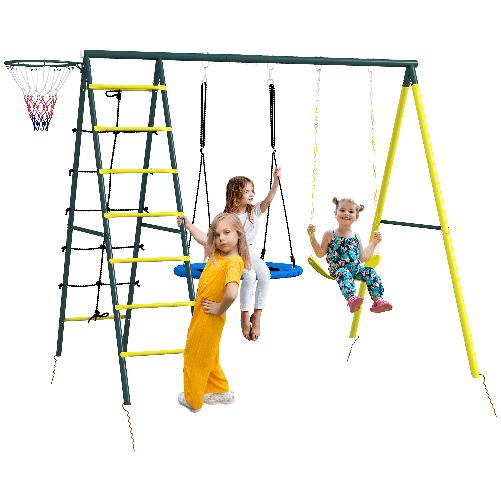 Outsunny Set Altalene da Giardino Rotonda e Classica, Scalette in Acciaio e Corda e Canestro per Bambini 3-8 Anni