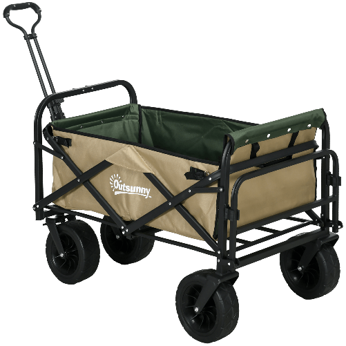 Outsunny Carrello da Giardino 110L con Maniglia Telescopica e Fondo Apribile in Acciaio e Tessuto Oxford, Cachi