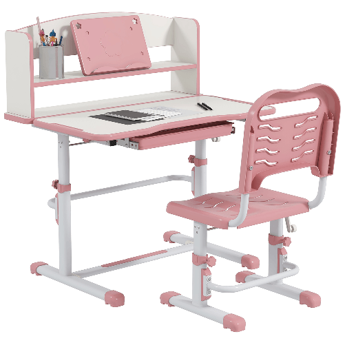 ZONEKIZ Set Scrivania per Bambini con Sedia Regolabile in Altezza e Piano Inclinabile, Età 6-12 Anni, Rosa
