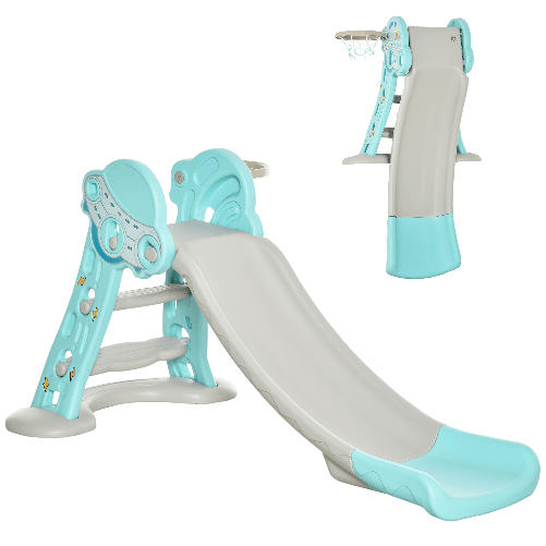 HOMCOM Scivolo per Bambini da 18 Mesi Pieghevole con 3 Scalini e Canestro Basket, 140x87x75cm, Blu e Grigio