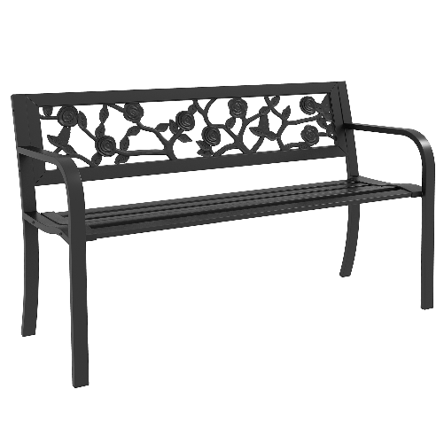 Outsunny Panchina da Giardino 2 Posti in Acciaio con Schienale Decorato e Braccioli, 127x50x75cm, Nero