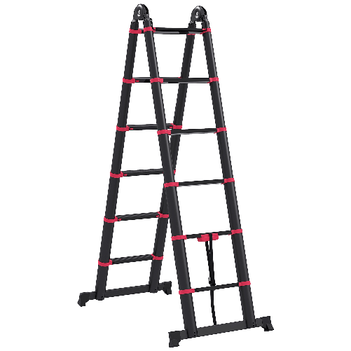 HOMCOM Scala Telescopica Pieghevole a 12 Gradini, in Alluminio e Nylon, 379x67.5x11 cm, Nera e Rossa