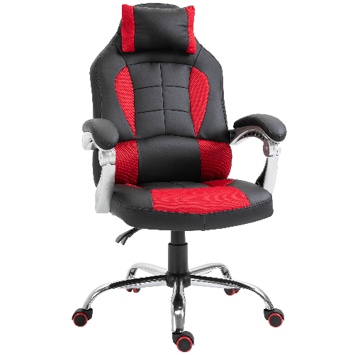 HOMCOM Sedia da Gaming Reclinabile con Supporto Lombare e Poggiatesta in Pelle PU, Rosso e Nero