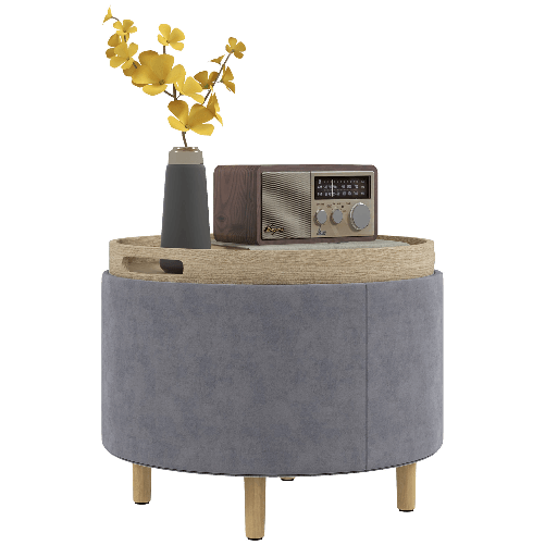 HOMCOM Pouf Contenitore Vellutato da 120 kg max con Vassoio a Ribalta, in MDF e Rovere, 56x56x42 cm, Grigio