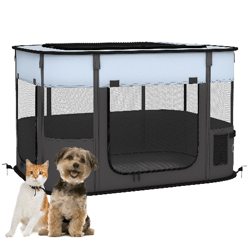 PawHut Box per Animali con 7 Finestre, 3 Porte e 2 Borse Portaoggetti, in Poliestere e Acciaio, 84x64x53 cm