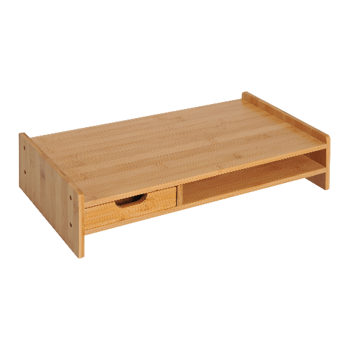 HOMCOM Supporto Monitor con Spazio per Mouse e Tastiera e Ripiano con Cubo Portaoggetti, in Bambù, 49x25.5x11.5 cm