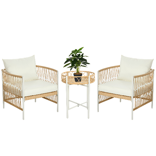 Outsunny Set da Giardino Stile Boho in Rattan con 2 Sedie con Cuscini e Tavolino Rotondo, Giallo