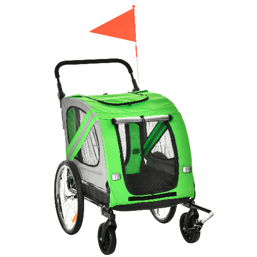 PawHut Rimorchio Bici e Passeggino per Cani 2 in 1 in Acciaio e Tessuto Oxford con Catarifrangenti, Verde