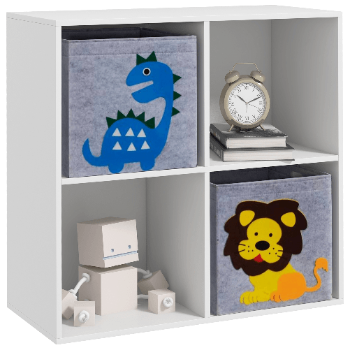 ZONEKIZ Scaffale Portagiochi per Bambini con 4 Scomparti e Contenitori, 61.8x29.9x61.8cm, Bianco