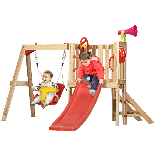 Outsunny Set con Scivolo e Altalena da Giardino per Bambini Età 18-48 Mesi, in Legno e Plastica, Rosso