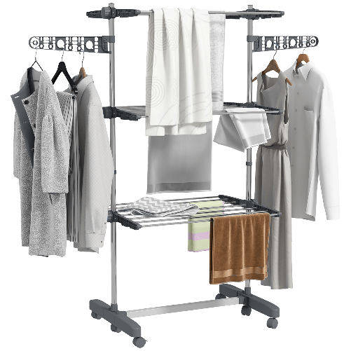 HOMCOM Stendino Verticale con 3 Ripiani Regolabili, in Acciaio e Plastica, 142x55x152 cm, Grigio e Argento