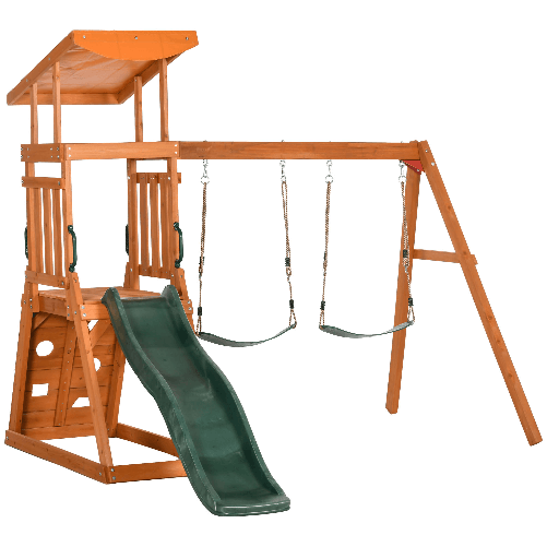 Outsunny Set con Scivolo, 2 Altalene da Giardino e Parete da Arrampicata in Legno per Bambini Età 3-8 Anni