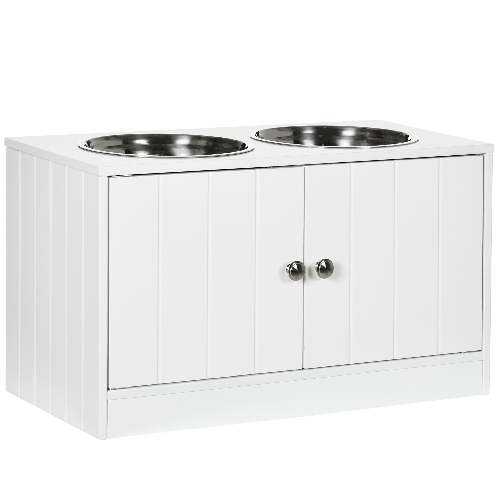 PawHut Ciotole per Cani Rialzate con Armadietto da 44L e 2 Ciotole in Acciaio, 60x30x35.5cm, Bianco