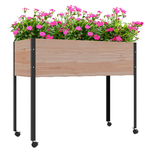 Outsunny Fioriera da Giardino con Fori di Drenaggio e 4 Ruote, in Legno di Abete e Acciaio, 99x42x81 cm
