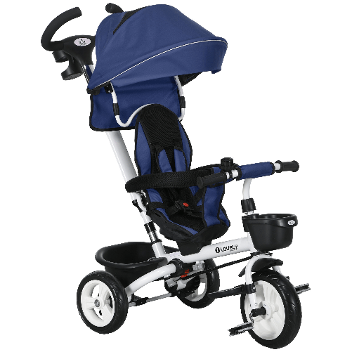 HOMCOM Triciclo Passeggino per Bambini con Maniglione, Parasole Regolabile e Cintura di Sicurezza, Blu Scuro