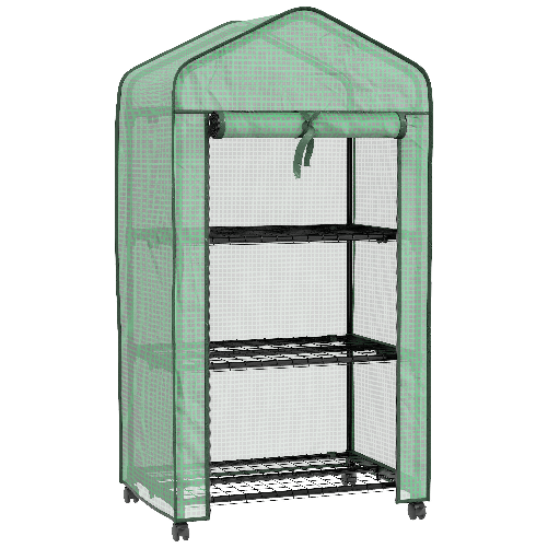 Outsunny Mini Serra da Giardino con Copertura in PE, 3 Ripiani e Ruote, 69x49x130cm, Verde