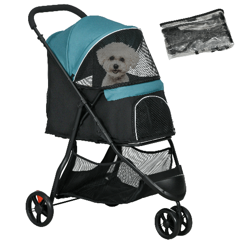PawHut Passeggino per Cani Piccoli Pieghevole a 3 Ruote con Copertura Antipioggia e Cestino, Verde Scuro