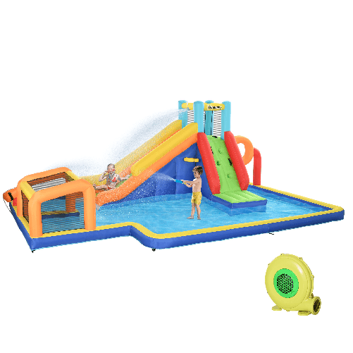 Outsunny Castello Gonfiabile per Bambini 3-8 Anni con Scivolo, Parete, Porta e Canestro, in Tessuto Oxford, 590x460x220 cm
