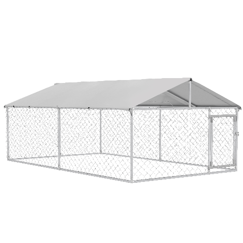 PawHut Recinto per Cani Grandi fino 30kg per Esterno, con Tetto Impermeabile e Anti-UV, 4x2.3x1.5m, Argento