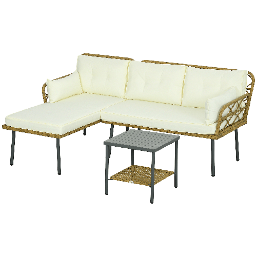 Outsunny Salotto da Giardino in Rattan PE con Chaise Longue, Divano 2 Posti e Tavolino, Crema