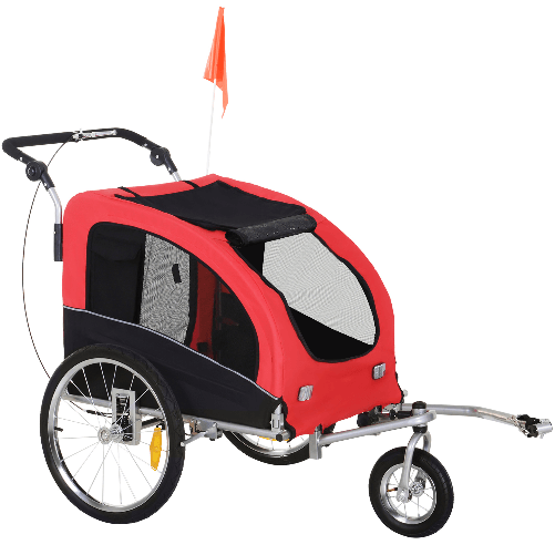 PawHut Rimorchio Bici per Cani Taglia Media a 2 Ingressi con Finestrelle e Tettuccio Apribile, 126-155x83x108 cm, Rosso
