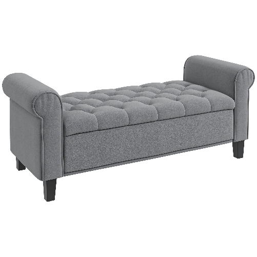 HOMCOM Panca Fondo Letto in Tessuto Vellutato con Spazio Portaoggetti e Braccioli, 126x48.5x57 cm, Grigio