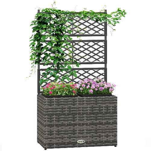 Outsunny Fioriera con Grigliato per Rampicanti con 2 Vasi in Acciaio e Rattan PE, 57x30x107cm, Grigio