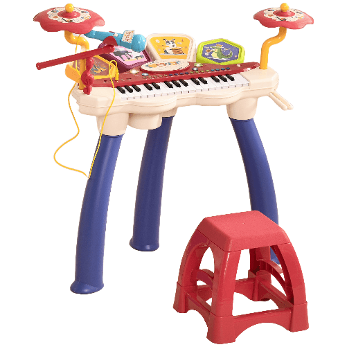 AIYAPLAY Pianola per Bambini 3-6 Anni con Sgabello, Microfono, Tamburo e Bacchette, in PP e ABS, 74x32.2x71 cm