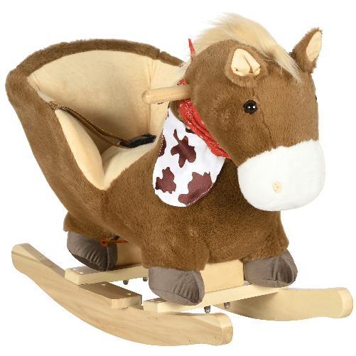 HOMCOM Cavallo a Dondolo per Bambini da 18-36 Mesi con Suoni Realistici, 60x33x50 cm, Marrone e color Legno