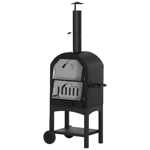 Outsunny Forno per Pizza e Barbecue a Carbone Portatile in Acciaio con Camino e Ruote, 63x54x161 cm, Nero