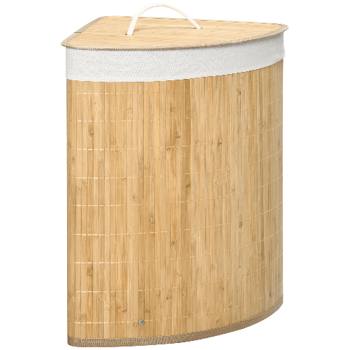 HOMCOM Cesto Portabiancheria con Coperchio Triangolare in Bambù e Tessuto, 38x38x57cm, Colore Legno