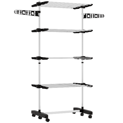 HOMCOM Stendino Verticale con 4 Ripiani Regolabili, in Acciaio e Plastica, 142x55x172 cm, Nero e Argento