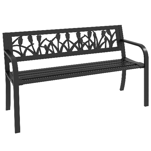 Outsunny Panchina da Giardino a 2 Posti in Acciaio con Schienale Decorato e Braccioli, 125x50x75cm, Nero