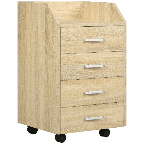 Vinsetto Cassettiera da Ufficio in Legno con 4 Cassetti, Ruote e Bordi Rialzati, 40x36x65cm, Legno Naturale