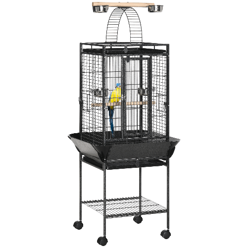 PawHut Gabbia per Pappagallini con 2 Posatoi e Scala ad Arco, in Acciaio, 62.5x62.5x156 cm, Grigia
