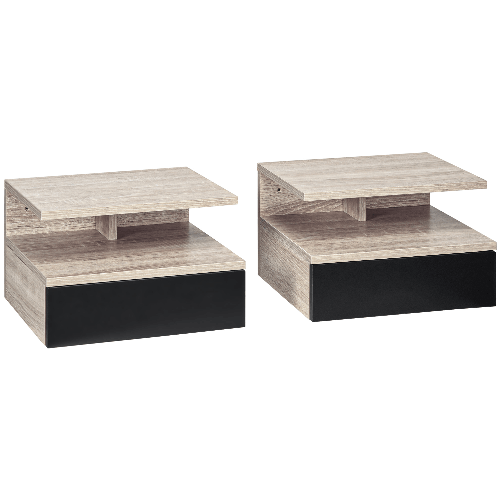 HOMCOM Set di 2 Comodini Sospesi Moderni con Cassetto e Mensola Superiore, 35x32x22.5cm, Rovere e Nero